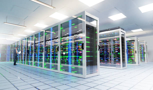 istock Big Modern server room, data centre or mining farm interior with beautiful neon lights reflections. Big bata, internet, security, personal information, business storage. 3D rendering illustration 1471034312