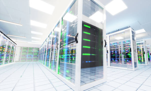 istock Big Modern server room, data centre or mining farm interior with beautiful neon lights reflections. Big bata, internet, security, personal information, business storage. 3D rendering illustration 1471034314