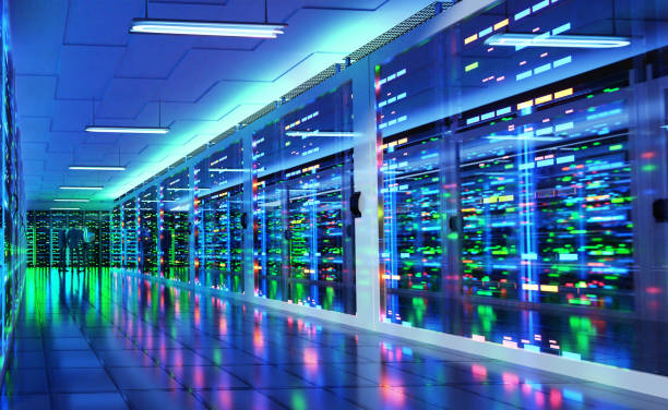 istock Business people in modern server room, data centre or mining farm interior with beautiful neon lights reflections.  3D rendering illustration 1471034331