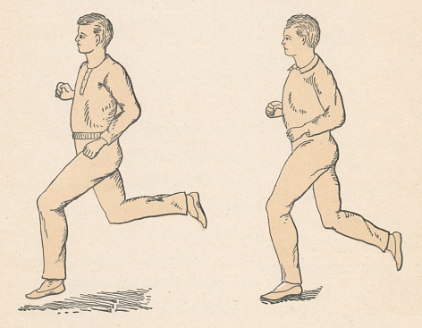 Optimal running postures, two images displaying good running posture. Vintage etching circa 19th century.