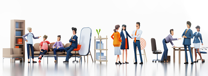 Wide panorama. Group of business people collaborating on a project, talking by a desk, sharing ideas. 3D rendering illustration