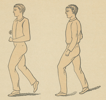 Optimal walking postures, two images displaying good walking posture. Vintage etching circa 19th century.