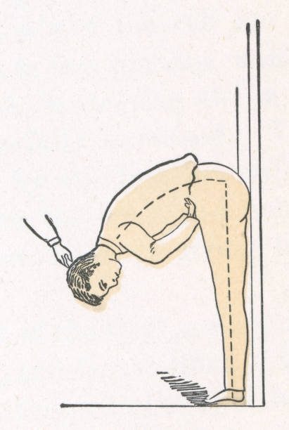 Man demonstrating standing forward bend exercise against a wall. Vintage etching circa 19th century.