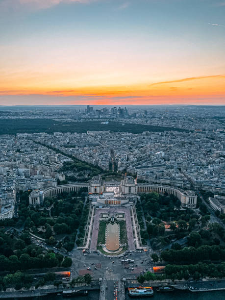 High Angle from the Eiffel Tower: Trocadero Gardens at Sunset in Paris, France stock photo