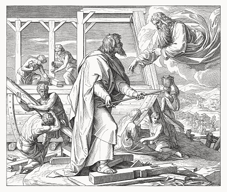 Announcement of the Flood and God's instructions to Noah for building the ark. (Genesis 6, 13 - 18). Wood engraving by Julius Schnorr von Carolsfeld (German painter, 1794 - 1872), published in 1860.