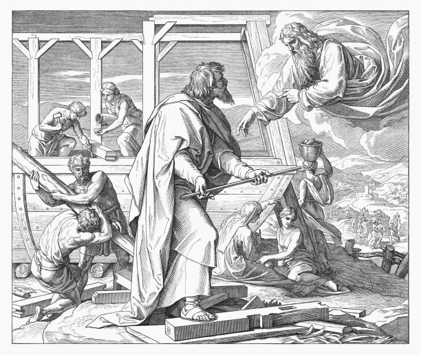 Noah Building the Ark (Genesis 6, 13-18), woodcut, published 1860 Announcement of the Flood and God's instructions to Noah for building the ark. (Genesis 6, 13 - 18). Wood engraving by Julius Schnorr von Carolsfeld (German painter, 1794 - 1872), published in 1860. woman noah stock illustrations