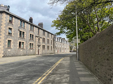 A residential street of flats in Aberdeen, Scotland.
