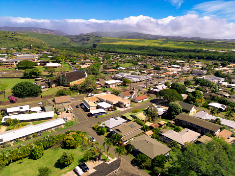 Aerial of Waimea town in Kauai Hawaii USA