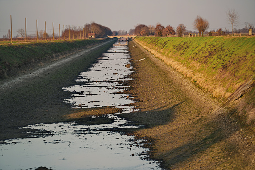 Cavour Canal, which feeds rice fields between Vercelli and Novara, running dry due to the great drought affecting Piedmont, Italy.