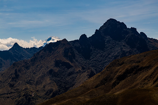 Yanahurco de Mojanda hill and Cayambe volcano behind, against light
