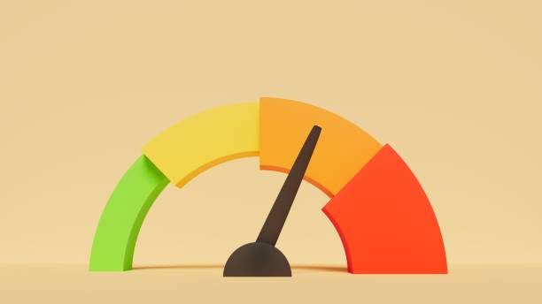 graphical representation of performance levels, speed, degrees of satisfaction or caution, orange level, 3d illustration, horizontal - speedometer dashboard dial speed imagens e fotografias de stock