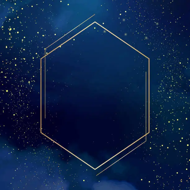 Vector illustration of Magic night dark blue sky with sparkling stars. Gold glitter powder splash vector background