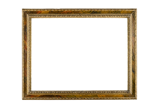 Wooden thin picture frame white background isolated detailed gold wide