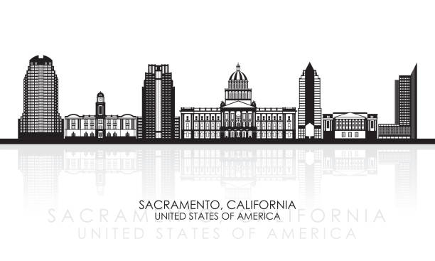 illustrazioni stock, clip art, cartoni animati e icone di tendenza di panorama dello skyline della siluetta di sacramento, california, stati uniti - california state capitol building