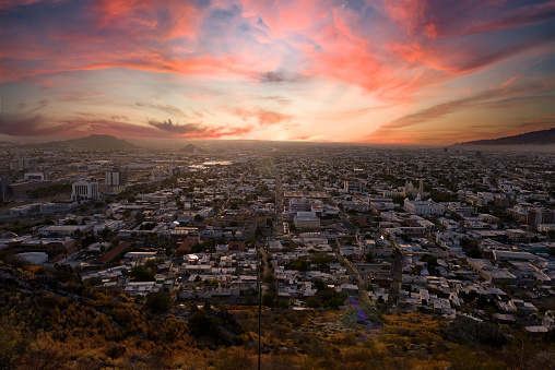 View of Hermosillo City from the top of Cerro de la Campana at sunset.