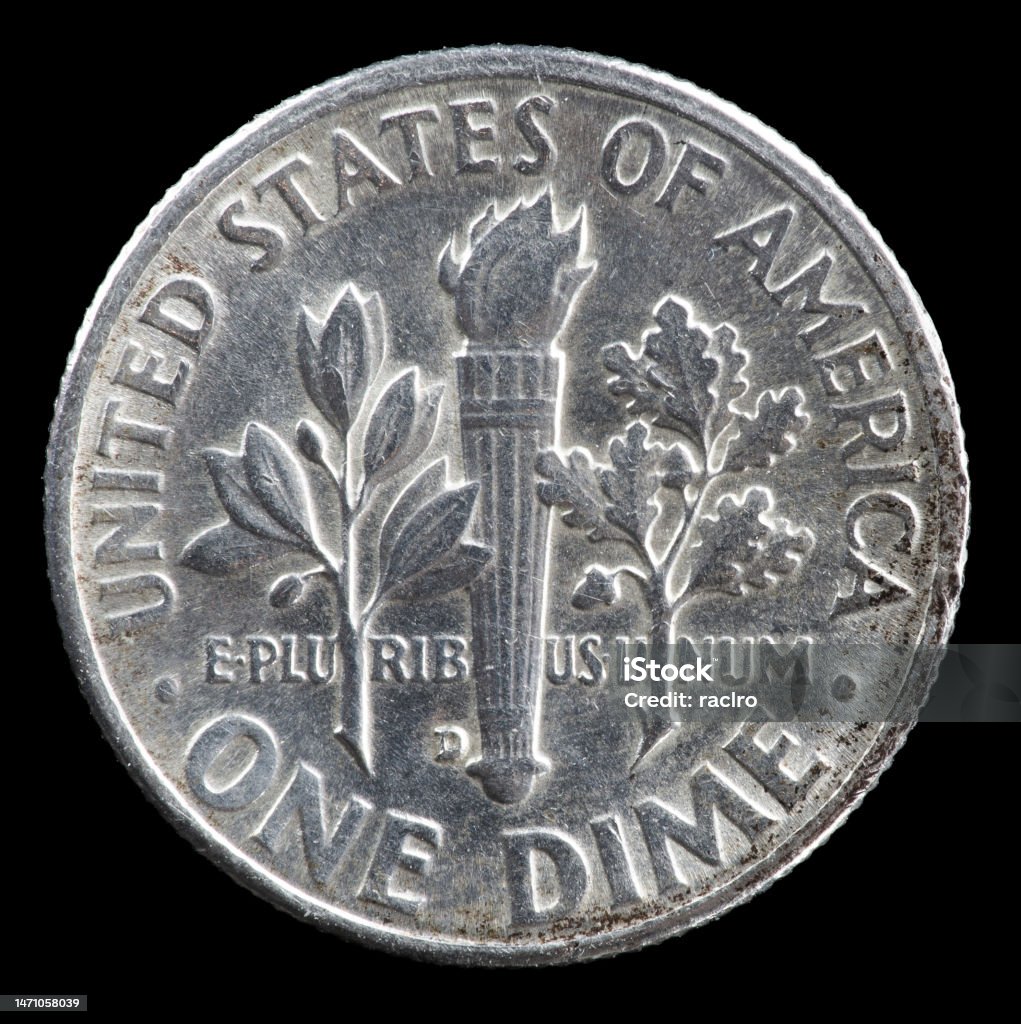 Reverse side of a 1955 silver Roosevelt US dime on black background. 1950-1959 Stock Photo