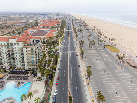 High Angle View of the Pacific Coast Highway passing through Huntington Beach along the California coast near Beach Blvd. in February on a Cloudy Day