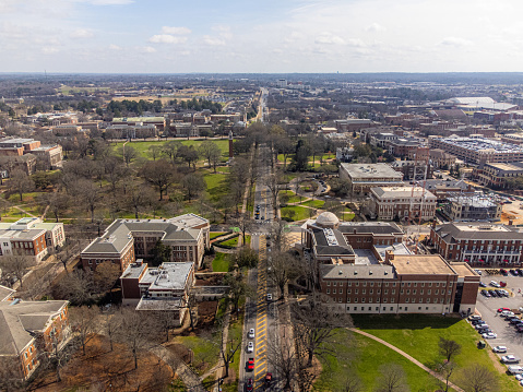 High Angle View of University Boulevard in Tuscaloosa, Alabama on a Sunny Winter Day with a View of Denny Chimes and Woods Quad near Bryant-Denny Stadium