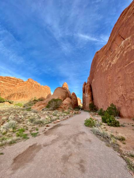 randonnée dans le parc national du jardin du diable des arches avec des formations de grès entrada rocheuses glissantes. - usa arches national park balanced rock colorado plateau photos et images de collection