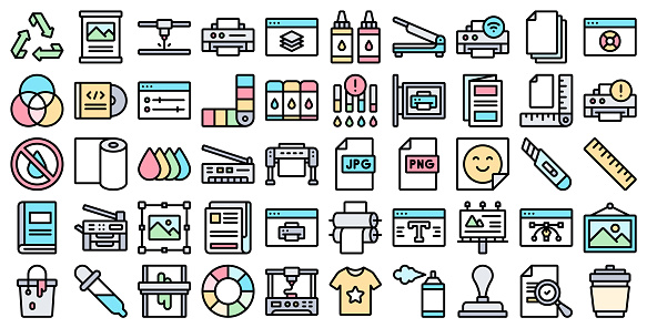 Color line style vector icon set for printing.
