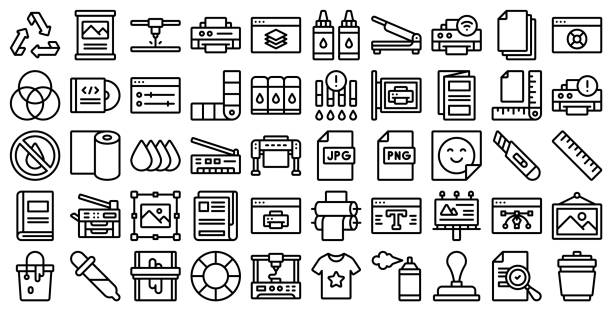 ilustrações, clipart, desenhos animados e ícones de linha de impressão de ícones - printing press print printout colors