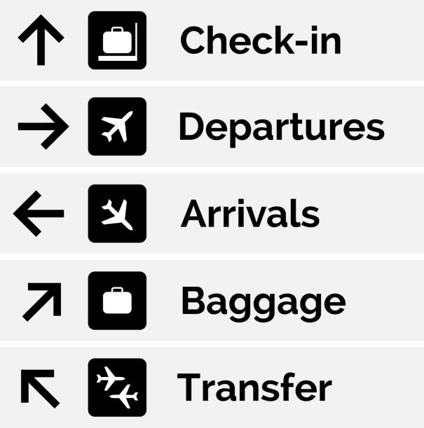 공항 간판 출발 도착 여행 아이콘입니다. 벡터 공항 보드 항공사 표지판, 게이트 비행 정보 - airport sign stock illustrations