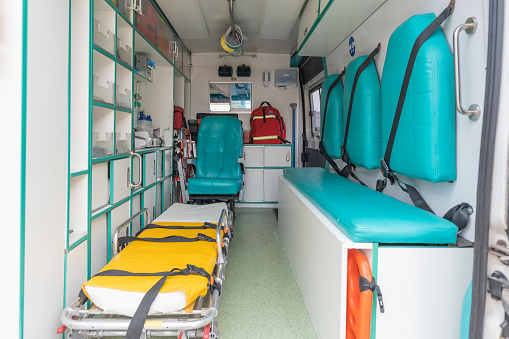 Horizontal photo of the interior views of a colorful medical ambulance