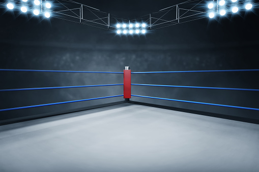 blue and red boxing gloves or martial arts gear on a black background depicting competition