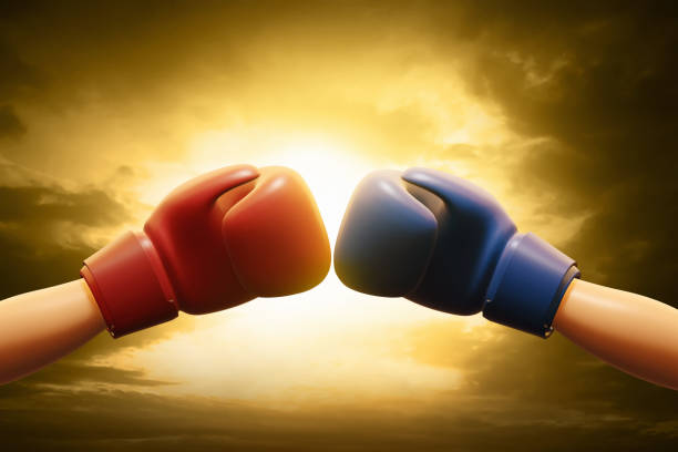 istock Red boxing glove versus blue boxing glove on 3d illustration 1471065052