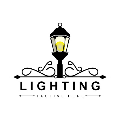 Street Lamp Logo, Lantern Lamp Vector, Lighting Classic Retro Design, Silhouette Icon Premium Template