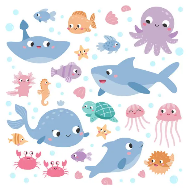 Vector illustration of Sea animals set. Flat cartoon characters.