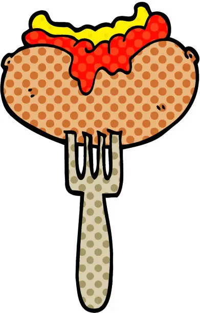 Vector illustration of comic book style cartoon hotdog with mustard and ketchup on fork