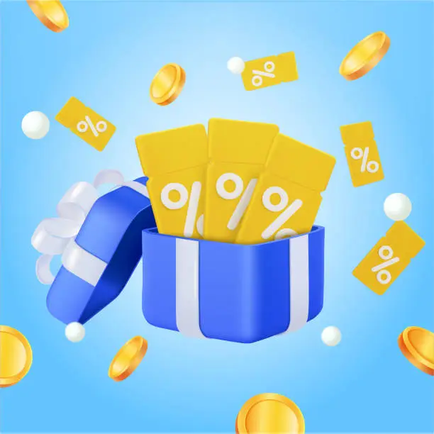 Vector illustration of 3d opening gift box surprise with discount coupon, earn point concept, loyalty program and get rewards. online shopping bonus, floating coins, flying coins, flying coupon, voucher. vector illustration