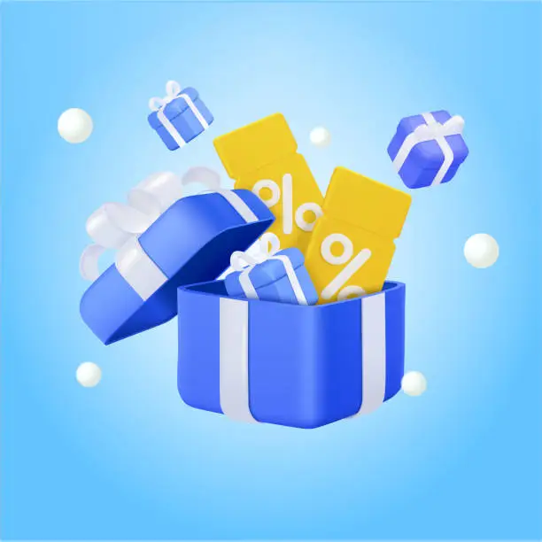 Vector illustration of Opening gift box surprise, discount coupon, voucher, gift in open gift box. Earn point concept, loyalty program and get rewards, online shopping. For promotions and favourable discounts. 3d vector