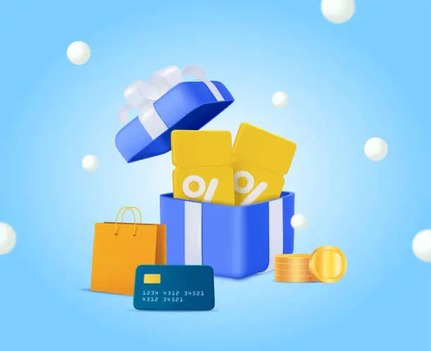 Vector illustration of 3D open gift box surprise with discount coupon, voucher, earn point concept, loyalty program and get rewards. online shopping bonus. shopping cart, paper bag, credit and debit card, golden coins.