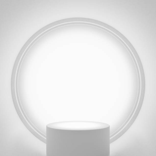White circle display podium and backlight white fluorescent backdrop. Lab stage clean clear cool bright. Glow light bright product stand. Pedestal for beauty cosmetic or skincare. 3D Illustration. el podio de la pantalla circular blanca y el fondo fluorescente blanco retroiluminado. etapa de laboratorio limpia clara fresca brillante. soporte de producto brillante y brillante. pedestal para belleza cosmética o cuidado de la piel. ilustración 3d.