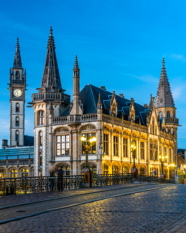 The Old Post Office building in downtown Ghent, Belgium at night.