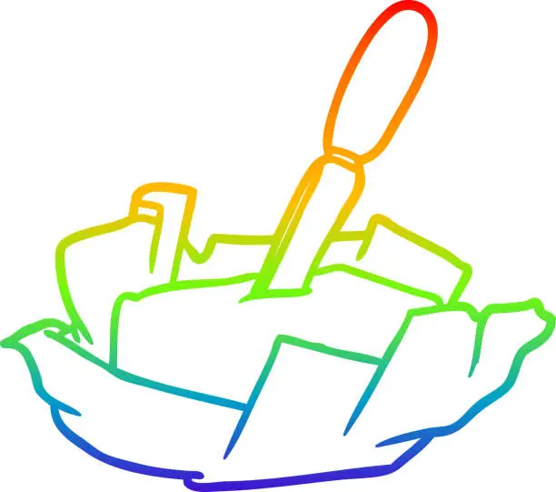 Vector illustration of rainbow gradient line drawing of a traditional pat of butter with knife