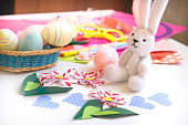 Easter home decor, funny bunny toy and basket with eggs, paper flowers.  Gift ideas, Handmade.  Childrens Easter crafts.