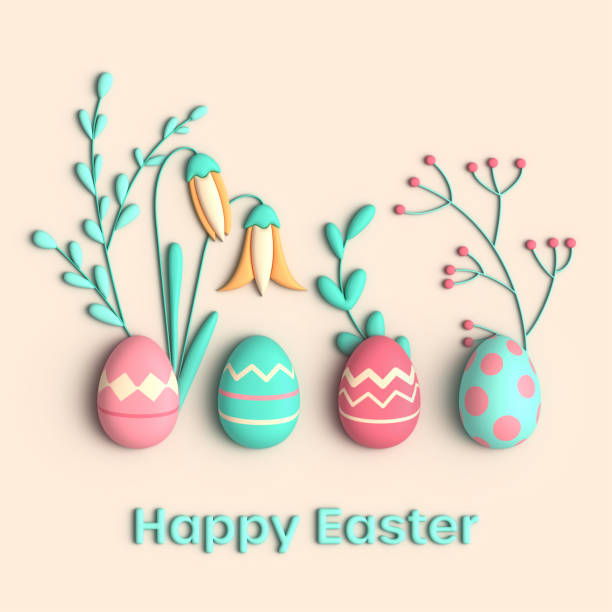 Happy Easter greeting card, with eggs and flowers, 3D trendy render photo. Simple concept for holiday events.