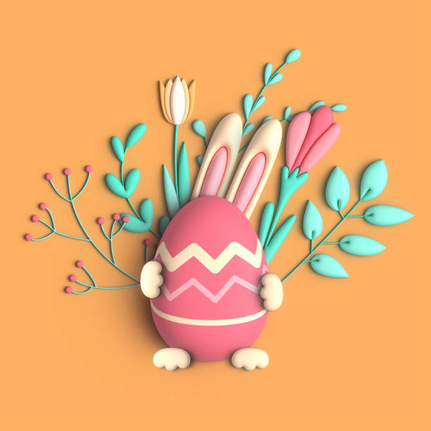 Happy Easter greeting card, with bunny, eggs and flowers on yellow background, 3D trendy render photo. Simple concept for holiday events.