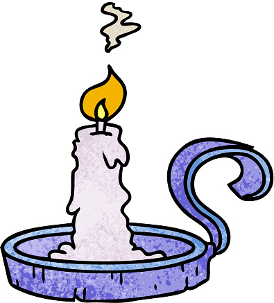 hand drawn textured cartoon doodle of a candle holder and lit candle