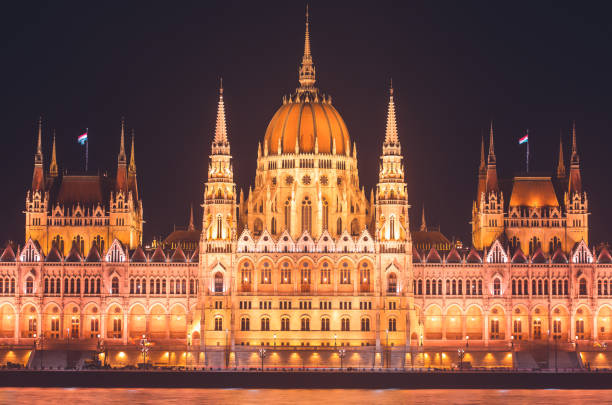 View of Hungarian Parliament Building, Budapest Parliament exterior, also called Orszaghaz, with Donau river and city panorama stock photo