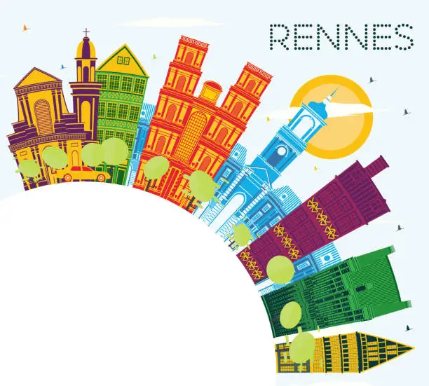 Vector illustration of Rennes France City Skyline with Color Buildings, Blue Sky and Copy Space. Rennes Cityscape with Landmarks.