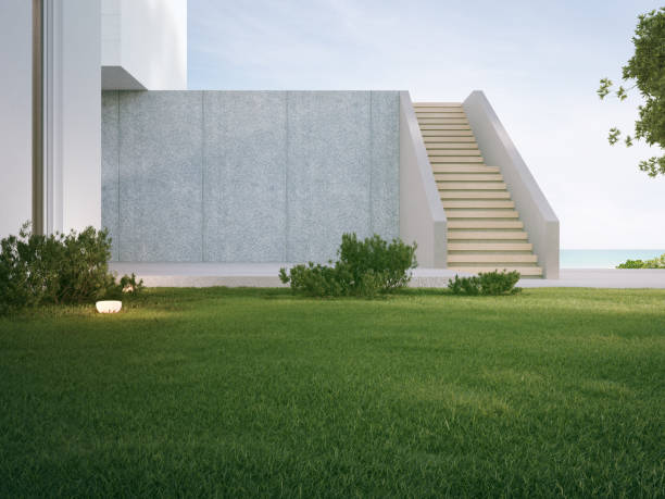 istock House with concrete terrace near empty grass floor. 1471104216
