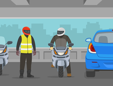 Two male moto riders talking each other on indoor parking garage building. Front view of a friend bikers. Flat vector illustration template.