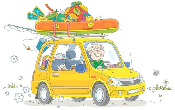Vector illustration of Fisherman going fishing in his car