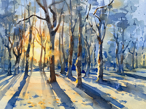 Winter morning in the forest watercolor landscape. Christmas illustration