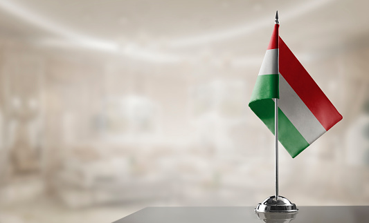 A small Hungary flag on an abstract blurry background.