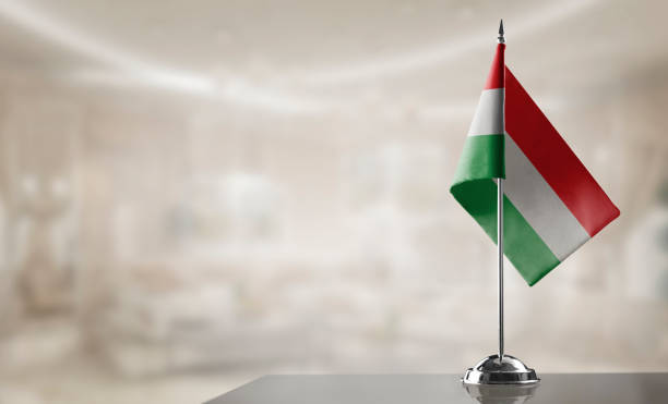 A small Hungary flag on an abstract blurry background stock photo